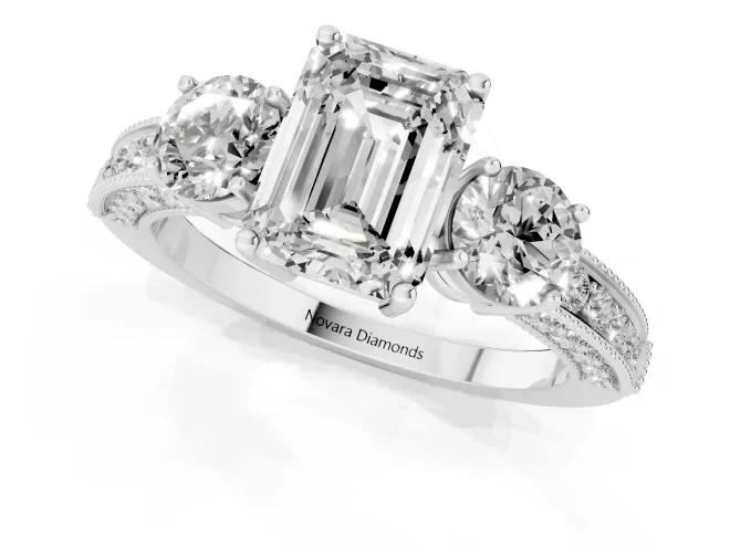 Emerald Cut Diamond Three-Stone Ring Set in Silver with Round Side Stones and Pavé Band – second view