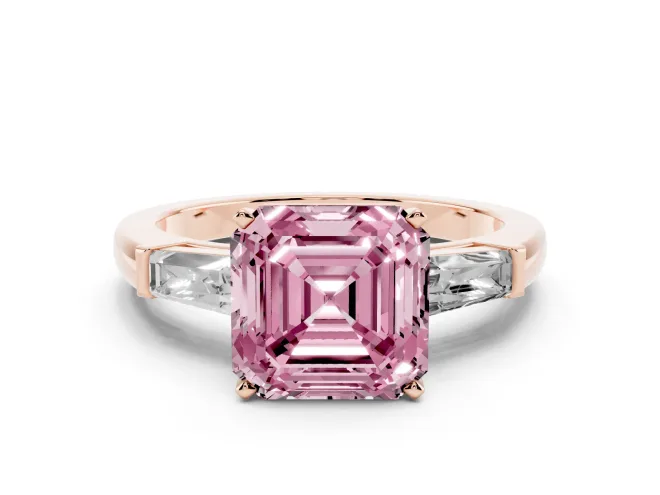 Asscher Cut Three Stone Engagement Ring Setting for a Fancy Pink Lab-Grown Diamond | Tapered Baguettes | Rose Gold
