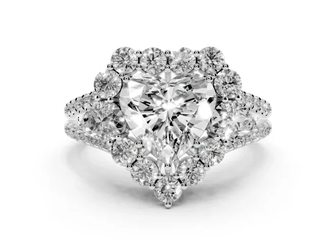 Heart-Shaped Scalloped Halo Engagement Ring Setting | Pear Side Stones | White Gold