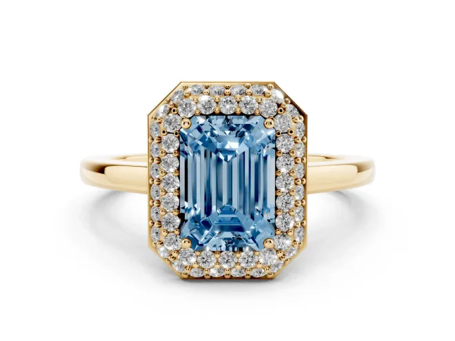Emerald Cut Pavé Halo Engagement Ring Setting for a Fancy Blue Lab-Grown Diamond | Slim Plain Band | Yellow Gold