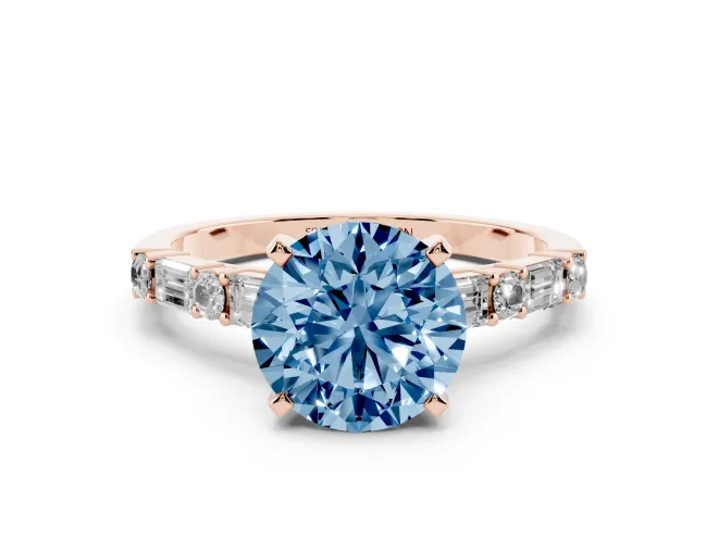 Round Baguette Side Stone Engagement Ring Setting for a Fancy Blue Lab-Grown Diamond | Rose Gold