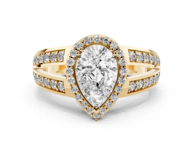 Pear Cut Diamond Halo Ring Set in Yellow gold with Double Pavé Split Shank