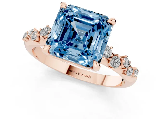 Fancy Blue Asscher Cut Diamond Solitaire Vine Band Ring Set in Rose gold with Round Accents and Prong Setting – second view