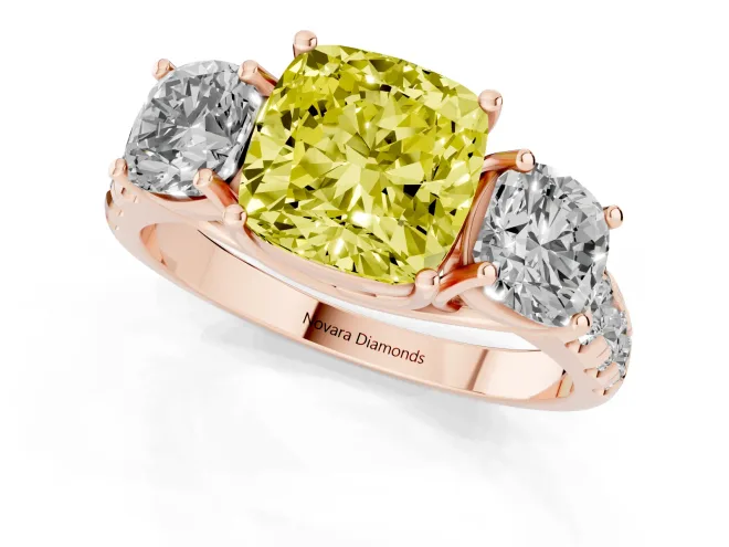 Fancy Yellow Cushion Cut Diamond Three-Stone Ring Set in Rose gold with Pavé Band – second view