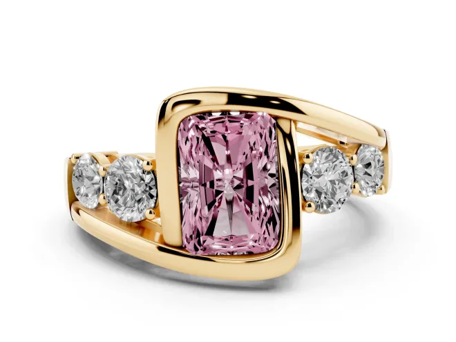 Fancy Pink Radiant Cut Diamond Bezel Bypass Ring Set in Yellow gold with Round Accents