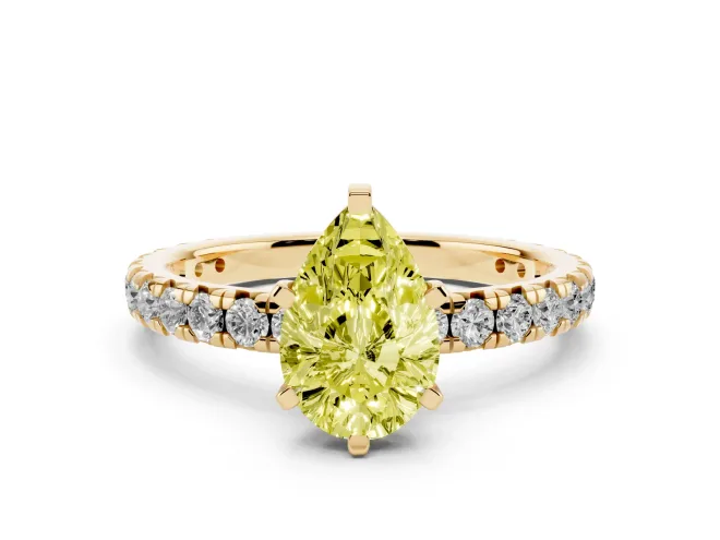Fancy Yellow Pear Cut Diamond Pavé Solitaire Ring Set in Yellow gold with Round Band and Prong Setting