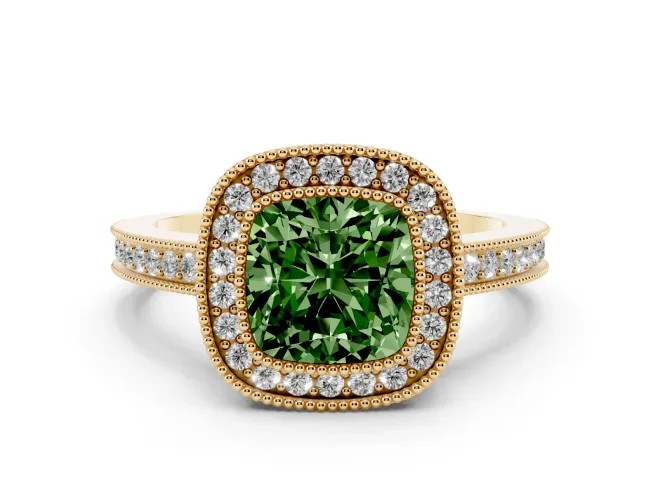 Cushion Cut Milgrain Halo Engagement Ring Setting for a Fancy Green Lab-Grown Diamond | Yellow Gold