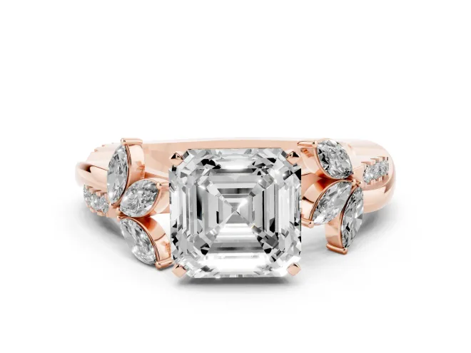 Asscher Cut Diamond Floral Vine Solitaire Engagement Ring Set in Rose gold with Marquise Leaves