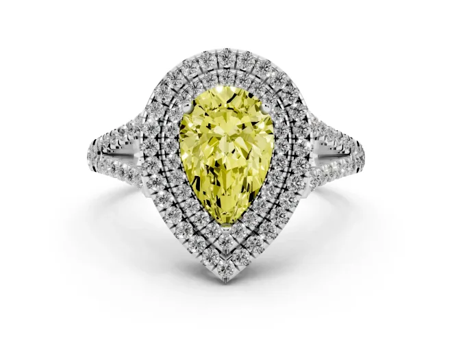 Fancy Yellow Pear Cut Diamond Double Halo Ring Set in Silver with Pavé Band