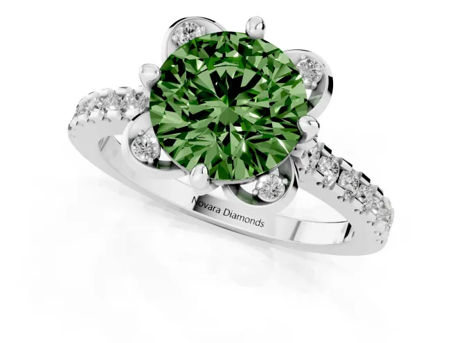 Fancy Green Round Cut Diamond Solitaire Ring Set in Silver with Pavé Band and Floral Prong Setting – second view