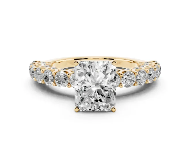 Radiant Cut Shared Prong Engagement Ring Setting | Two-Row Band | Yellow Gold