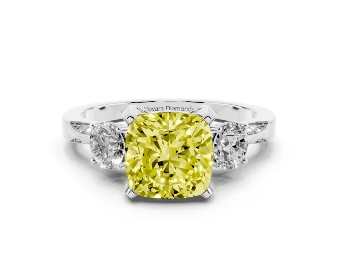 Fancy Yellow Cushion Cut Diamond Three-Stone Ring Set in White gold with Pavé Band and Smaller Side Stones