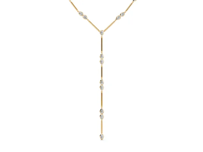 Pear-Shaped Lab-Grown Diamond Bezel Station Lariat Necklace | Polished Bar Links | Yellow Gold