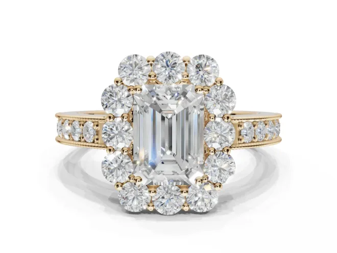 Emerald Cut Vintage Halo Engagement Ring Setting | Milgrain Channel Band | Yellow Gold