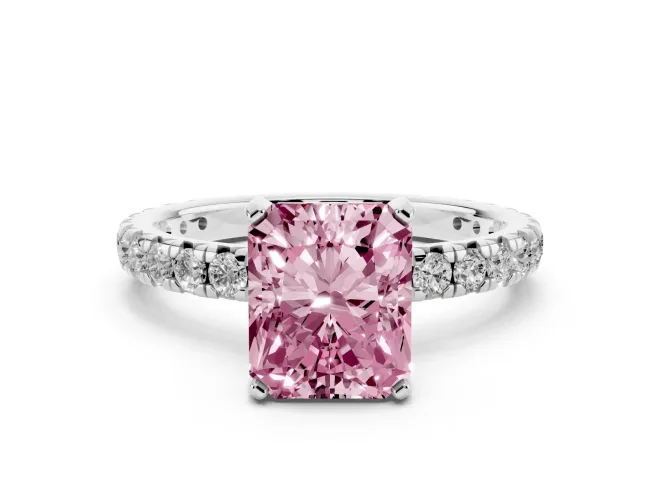 Fancy Pink Radiant Cut Diamond Pavé Solitaire Ring Set in Silver with Round Band and Prong Setting