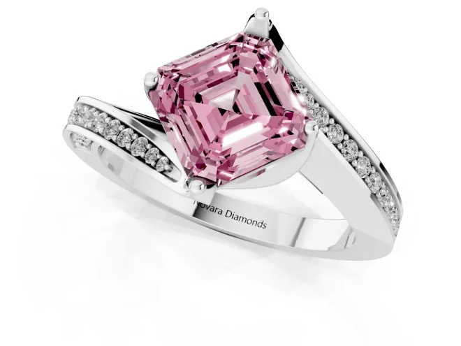 Fancy Pink Asscher Cut Diamond Solitaire Ring Set in Silver with Intertwined Pavé Twist Band – second view