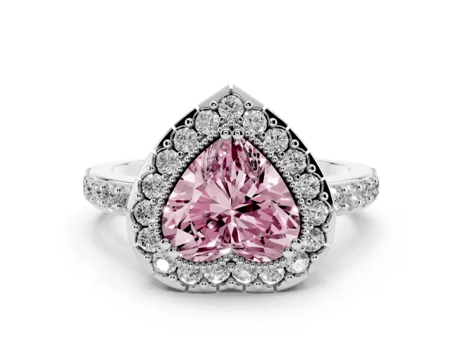 Fancy Pink Heart Cut Diamond Halo Ring Set in Platinum with Pavé Shank and Prong Setting