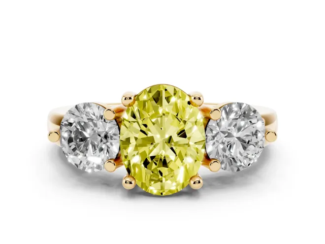 Oval Three Stone Engagement Ring Setting for a Fancy Yellow Lab-Grown Diamond | Open Prong Baskets | Yellow Gold