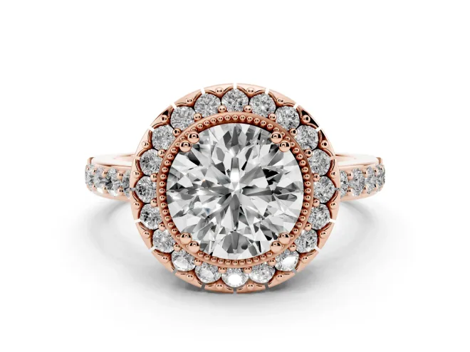 Round Cut Diamond Halo Ring Set in Rose gold with Pavé Shank and Prong Setting