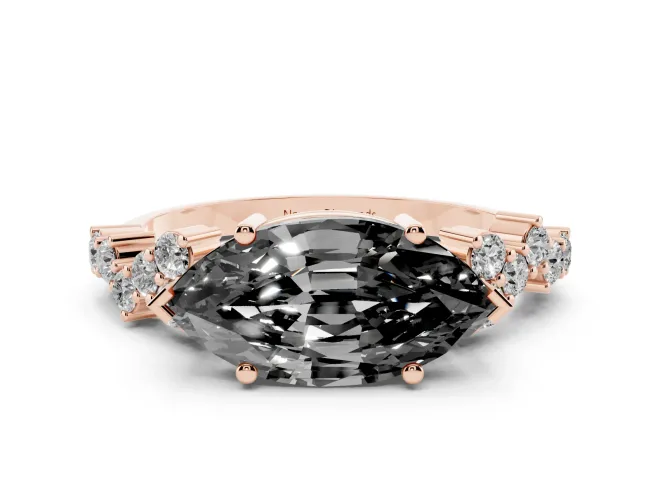 Fancy Black Marquise Cut Diamond Ring Set in Rose gold with Scattered Round Accents