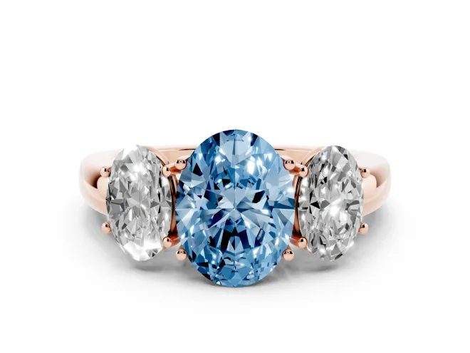 Oval Three Stone Engagement Ring Setting for a Fancy Blue Lab-Grown Diamond | Matching Side Stones | Rose Gold