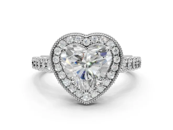 Heart-Shaped Milgrain Halo Engagement Ring Setting | Graduated Bezel Accents | Platinum