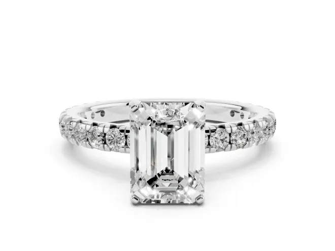 Emerald Cut Pavé Solitaire Engagement Ring Setting | Shared Prong Band | White Gold
