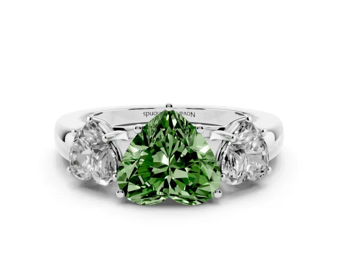 Fancy Green Heart Cut Diamond Three-Stone Ring Set in Silver with Bold Center and Classic Band