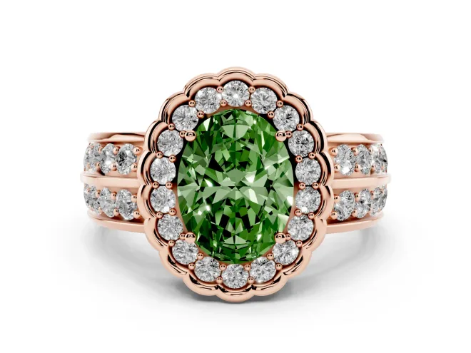 Oval Scalloped Halo Engagement Ring Setting for a Fancy Green Lab-Grown Diamond | Double Row Band | Rose Gold