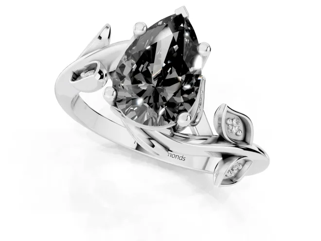 Fancy Black Pear Cut Diamond Solitaire Twist Engagement Ring Set in White gold with Pavé Leaf Accents – second view