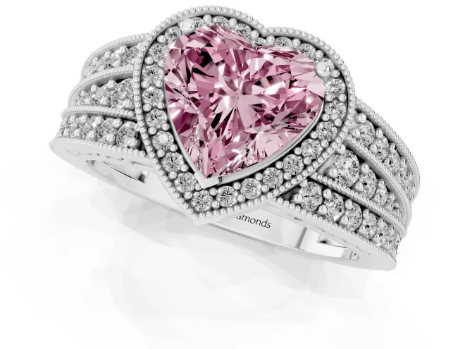 Fancy Pink Heart Cut Diamond Halo Ring Set in Silver with Accent Split Shank and Prong Setting – second view