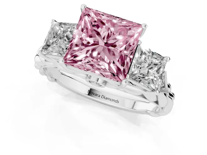 Fancy Pink Princess Cut Diamond Three-Stone Ring Set in Silver with Braided Band – second view