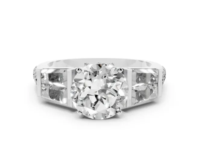Round Cut Diamond Engagement Ring Set in White gold with Baguette Side Stones and Channel Set Band