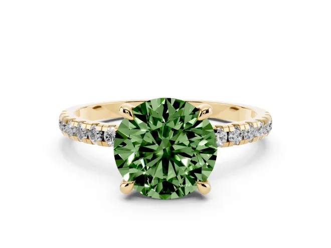 Fancy Green Round Cut Diamond Brilliant Solitaire Ring Set in Yellow gold with Pavé Band and Prong Setting