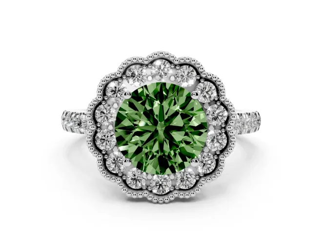 Round Vintage Milgrain Floral Halo Engagement Ring Setting for a Fancy Green Lab-Grown Diamond | Pavé Band | White Gold