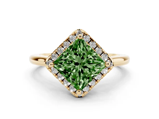 Fancy Green Princess Cut Diamond Halo Engagement Ring Set in Yellow gold with Pavé Band and Rising Shoulders