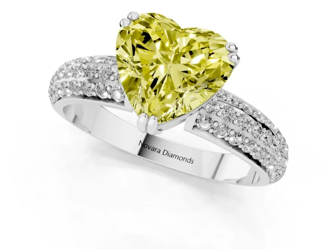 Fancy Yellow Heart Cut Diamond Solitaire Ring Set in Silver with Multi-Row Round Pavé Band and Prong Setting – second view