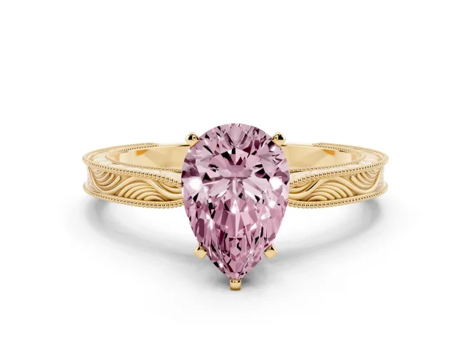 Pear-Shaped Engraved Engagement Ring Setting for a Fancy Pink Lab-Grown Diamond | Yellow Gold