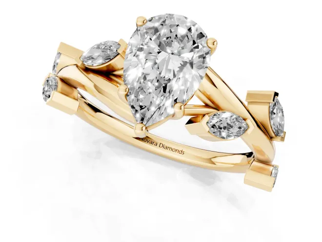 Pear Cut Diamond Solitaire Ring Set in Yellow gold with Twisted Marquise Accent Band – second view