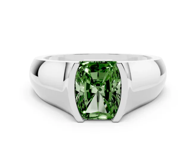 Fancy Green Radiant Cut Diamond Bezel Solitaire Ring Set in White gold with Wide Band