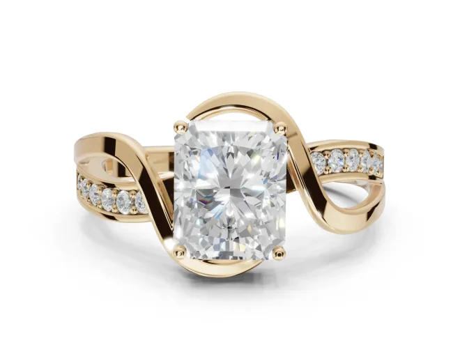 Radiant Cut Bypass Solitaire Engagement Ring Setting | Pavé and Plain Strands | Yellow Gold