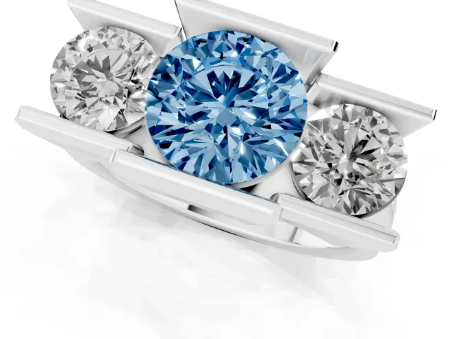Fancy Blue Round Cut Diamond Three-Stone Channel Set Ring Set in White gold with Smooth Polished Band – second view
