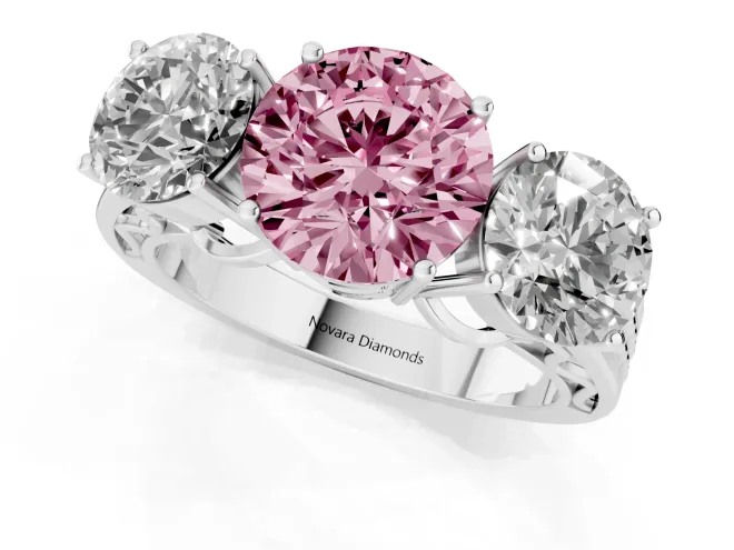 Round Engagement Ring Setting for a Fancy Pink Lab-Grown Diamond | Three Stone | Sterling Silver – second view
