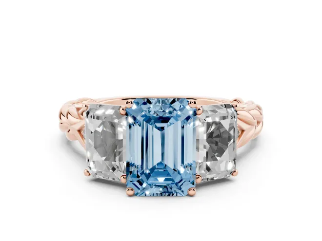 Emerald Cut Three Stone Engagement Ring Setting for a Fancy Blue Lab-Grown Diamond | Braided Band | Rose Gold