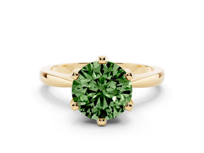 Fancy Green Round Cut Diamond Solitaire Engagement Ring Set in Yellow gold with Slim Tapered Solitaire Band