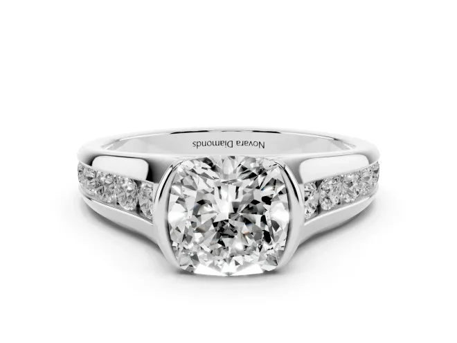 Cushion Cut Half Bezel Solitaire Engagement Ring Setting | Graduated Channel Band | White Gold