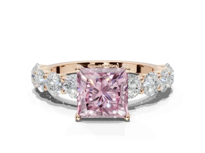 Princess Cut Side Stone Engagement Ring Setting for a Fancy Pink Lab-Grown Diamond | Scalloped Prong Accents | Rose Gold