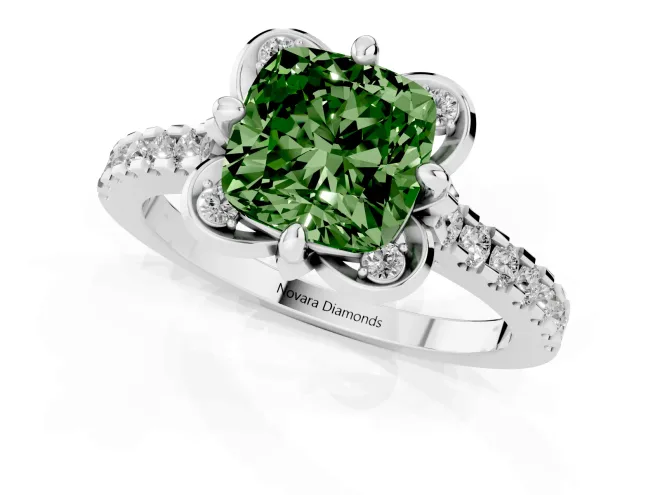 Fancy Green Cushion Cut Diamond Solitaire Ring Set in White gold with Pavé Band and Floral Prong Setting – second view