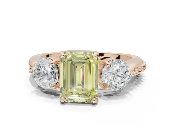 Emerald Cut Three Stone Engagement Ring Setting for a Fancy Yellow Lab-Grown Diamond | Tapered Pavé Band | Rose Gold