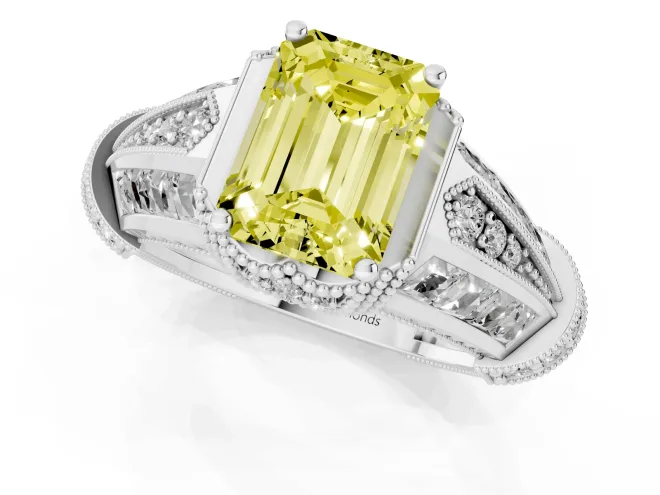 Fancy Yellow Emerald Cut Diamond Vintage-Inspired Milgrain Ring Set in White gold with Accent Split Shank – second view